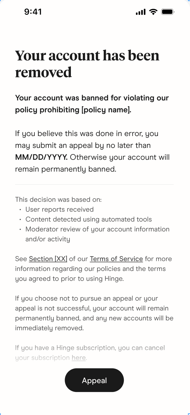 Hinge App Showing Banned User screen with option to appeal at the bottom of screen.
