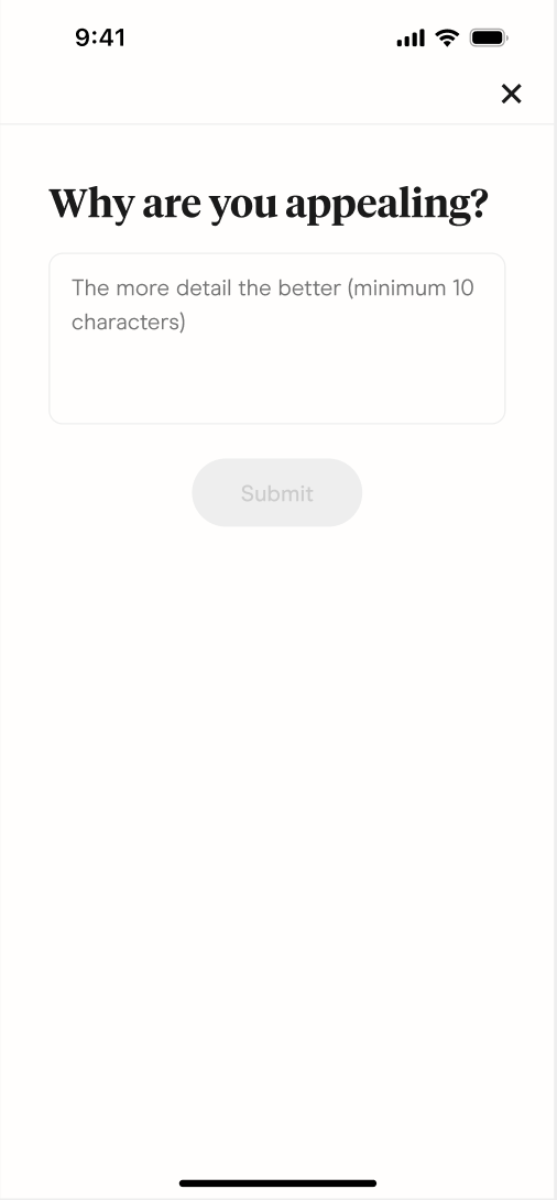 Appeal page with text box to share more about user's appeal.