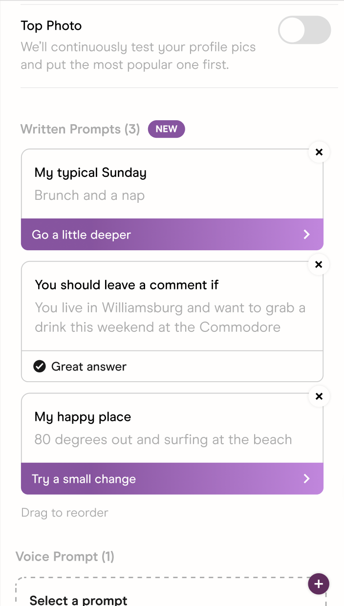 Hinge App showing AI prompt feedback suggestions generated based on prompts.
