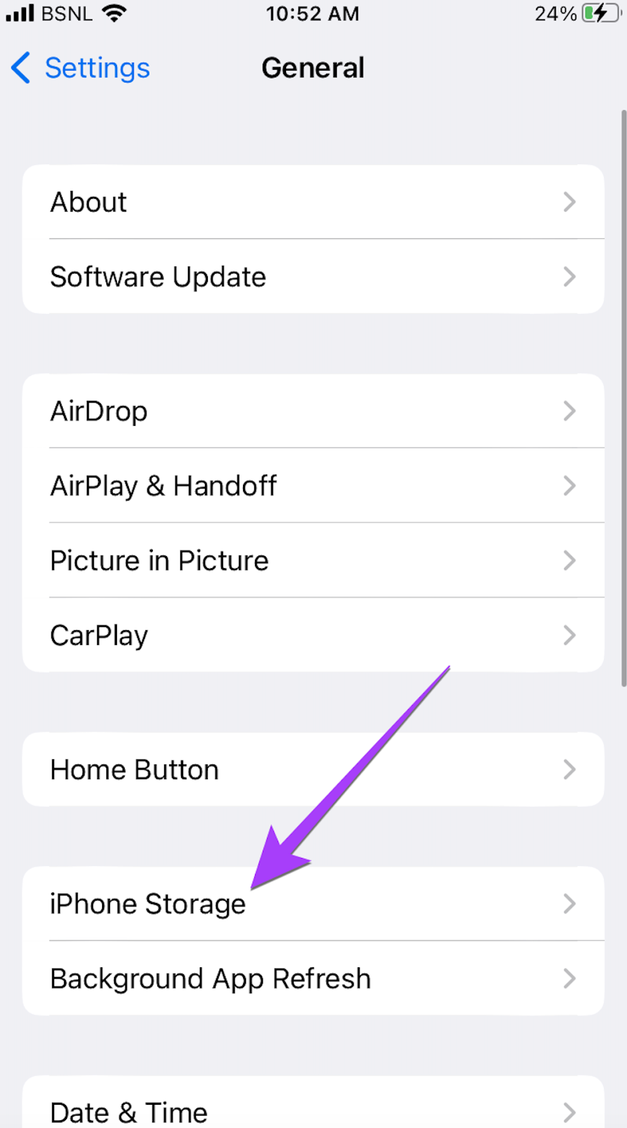 iPhone Settings ScreenShot Highlighting iPhone Storage Button.