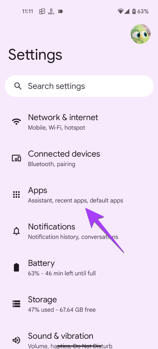 Android Settings Highlighting Settings button.
