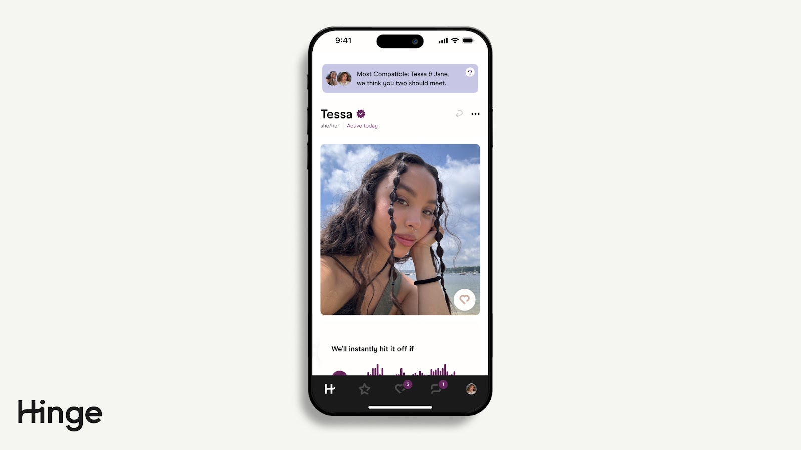 Hinge App Showing Most compatible in Discover. User has Most Compatible banner above their profile.