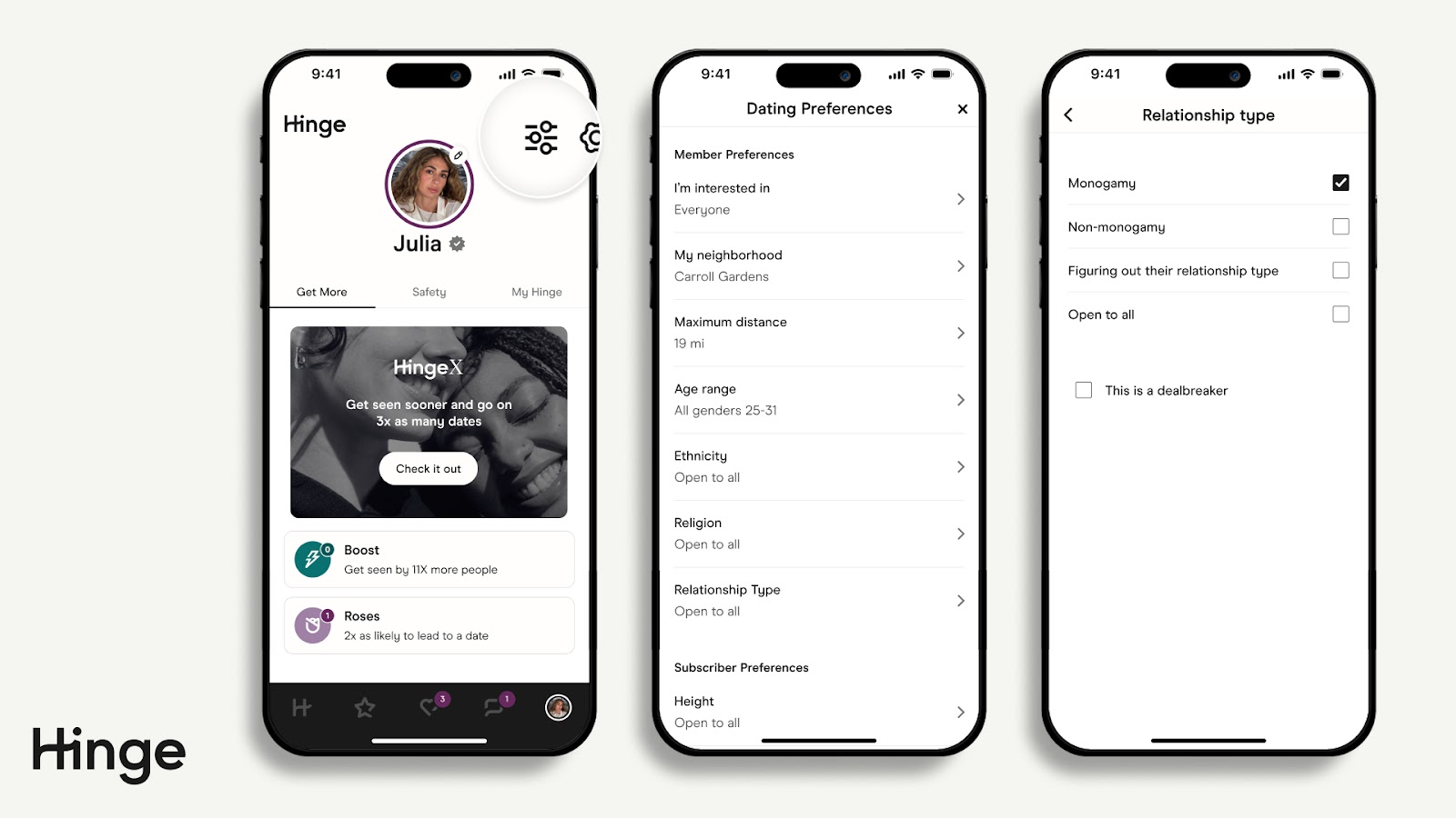 Hinge app home screen with the user profile icon highlighted in the bottom navigation bar