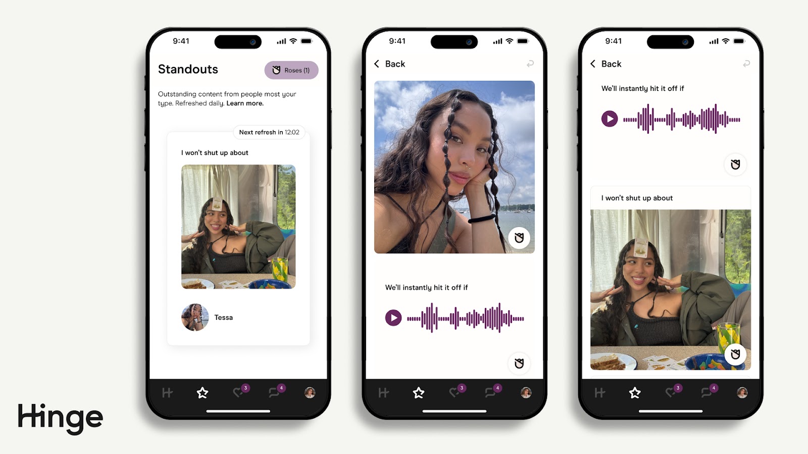 Hinge App Standouts screen showing users can only send roses.