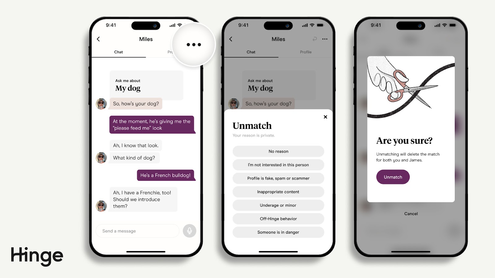 Hinge app messaging screen highlighting the ellipses icon in the upper right corner, then the unmatching option.