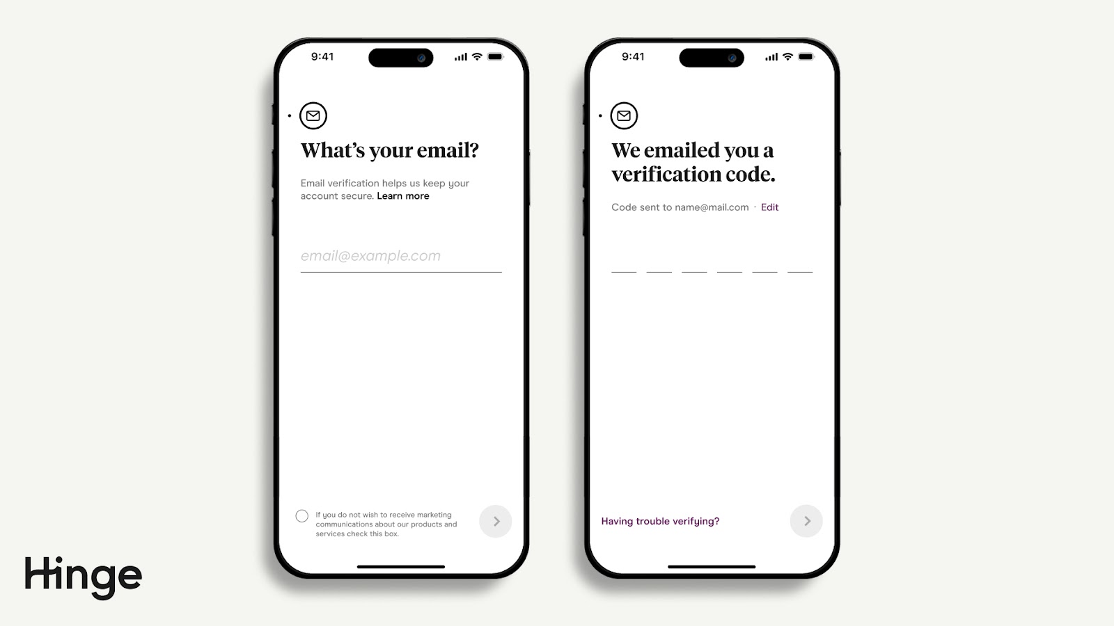 Hinge app screen for entering email verification code to confirm email address.