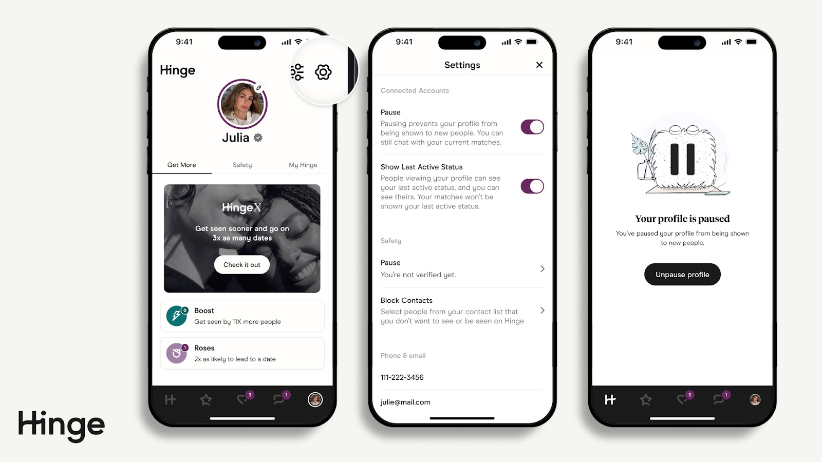 Hinge app's Settings screen displaying the 'Pause' toggle switch to temporarily hide the user's profile