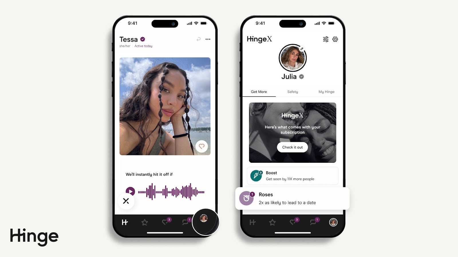 Hinge Profile Hub showing where to Buy Roses at the bottom of the screen.