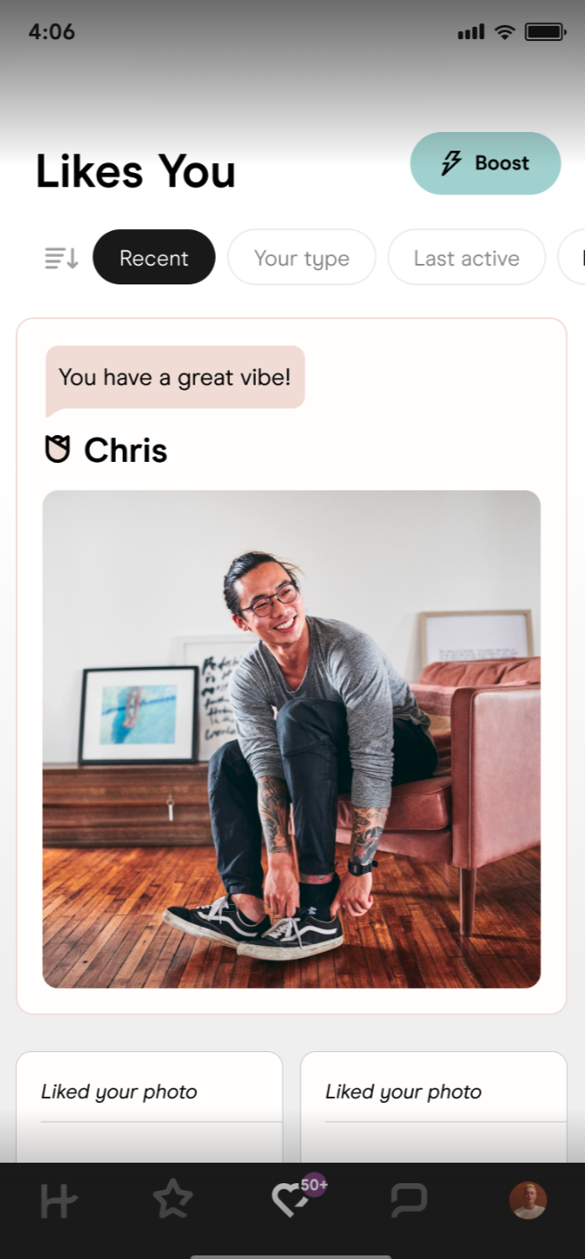 Hinge 'Likes You' page showing what receiving a Rose looks like.