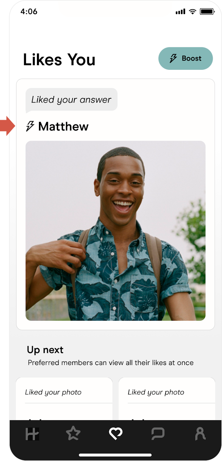 Matches Page showing Boost Icon next to Match, denoting the Match was made using a Boost.