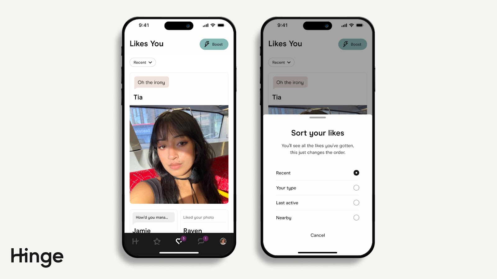 Hinge app Likes You page showing how a subscriber can sort Likes