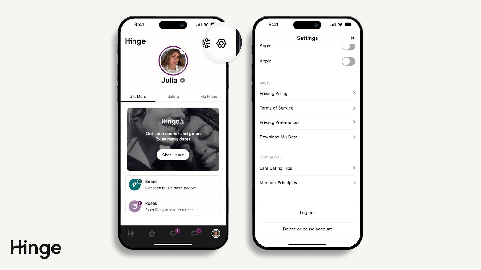 Hinge app's Settings screen displaying the 'Log Out' option to sign out of the account