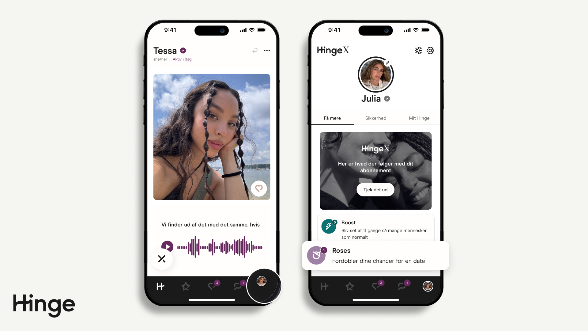 Hinge Profile Hub viser, hvor man kan købe roser nederst på skærmen.