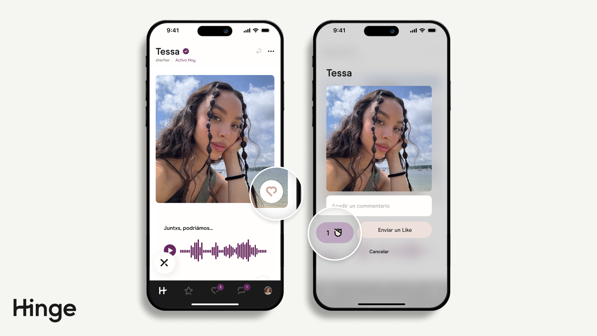 Página de descubrimiento de Hinge que muestra opciones para enviar una rosa o enviar un Me gusta.
