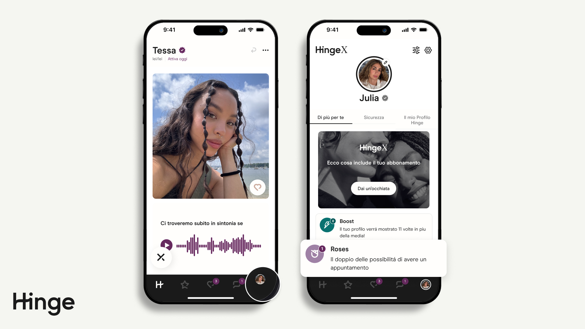 Hinge Profile Hub mostra dove acquistare le rose nella parte inferiore dello schermo.