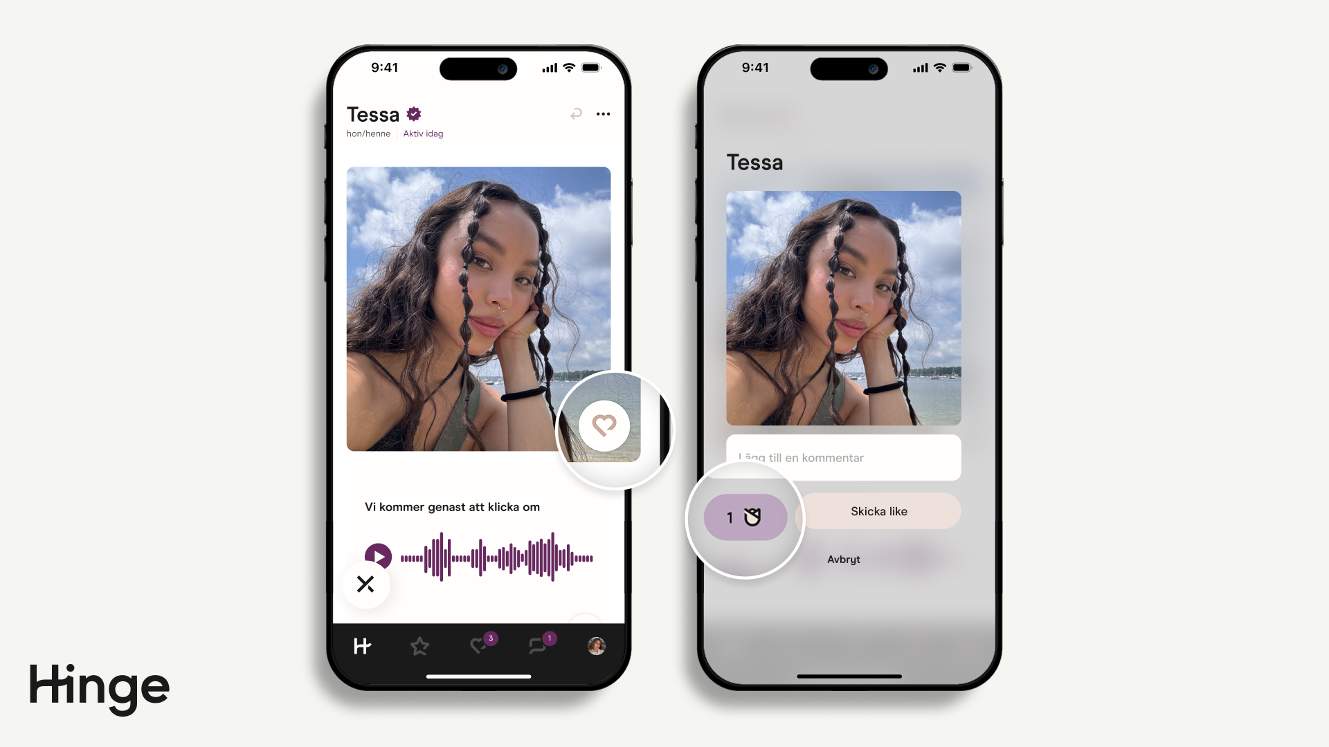 Hinge Discover-sida som visar alternativen för att skicka en ros eller skicka en gilla-markering.