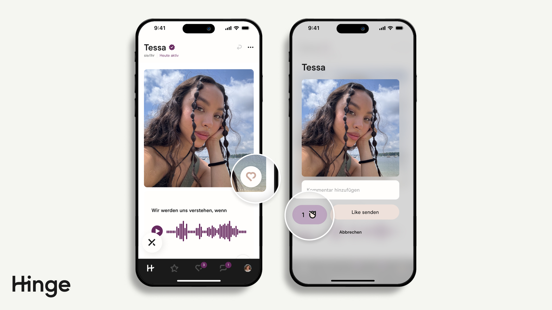 Hinge Discover-Seite mit Optionen zum Senden einer Rose oder Senden eines 'Gefällt mir'