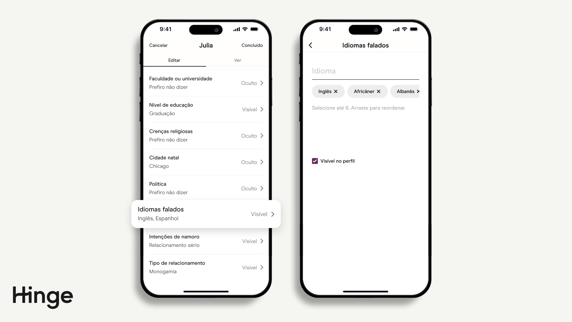 Tela Editar perfil com idiomas falados em destaque.