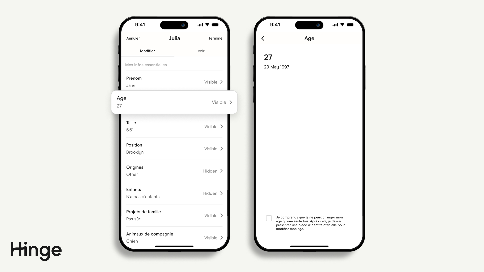 Modifier l'écran de profil avec l'âge en surbrillance.