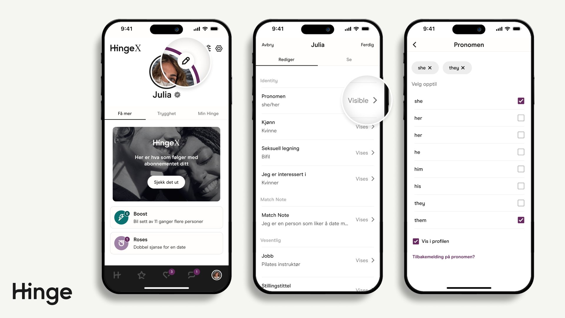 Hengsel-appen viser Profilhub med blyantikon uthevet.