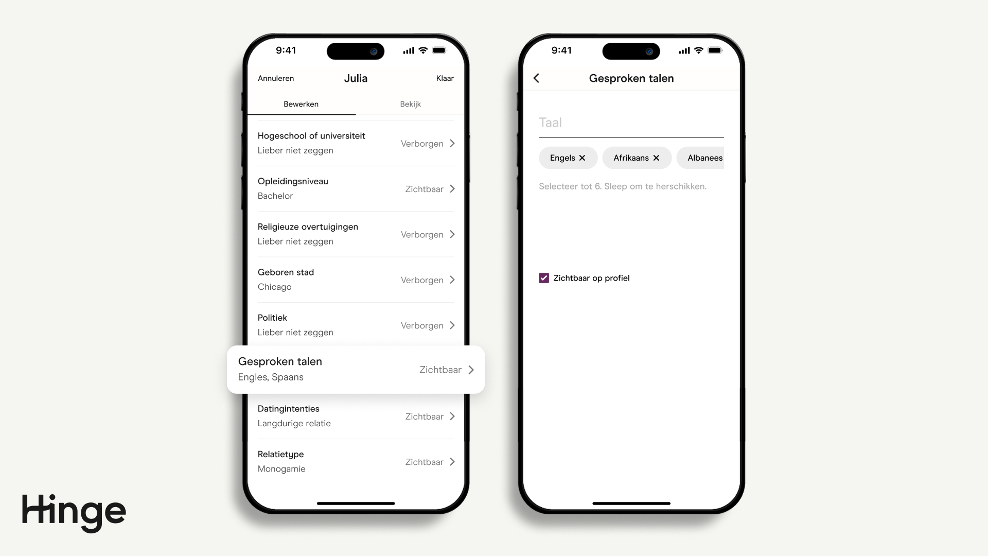Scherm Profiel bewerken met Gesproken talen gemarkeerd.