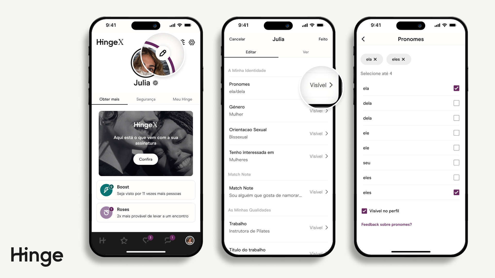 Aplicação Hinge mostrando o Profile Hub, com o ícone do lápis destacado.