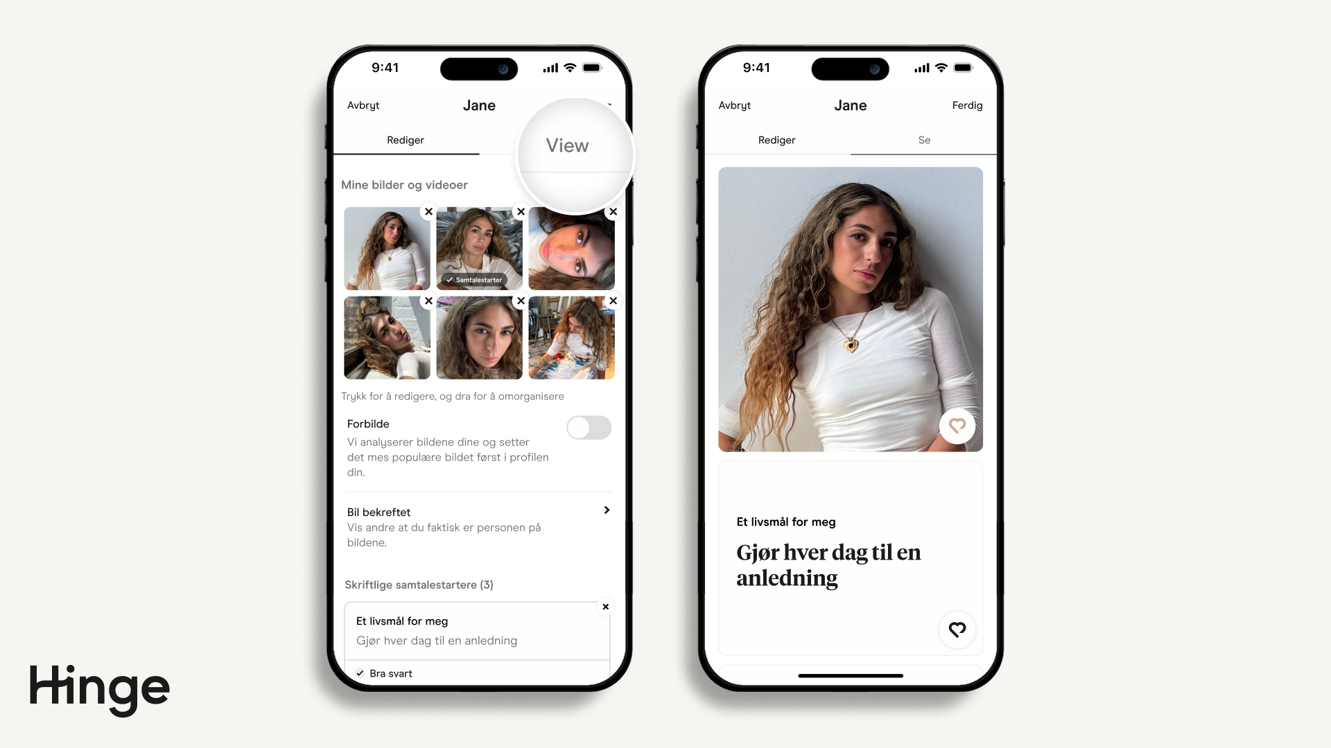 Rediger profilskjerm med «Vis» uthevet øverst til høyre.