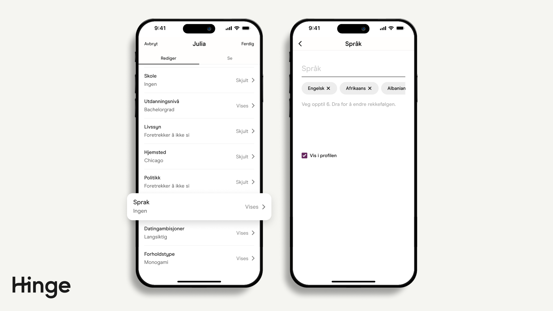 Rediger profil-skjermen med språk som snakkes uthevet.