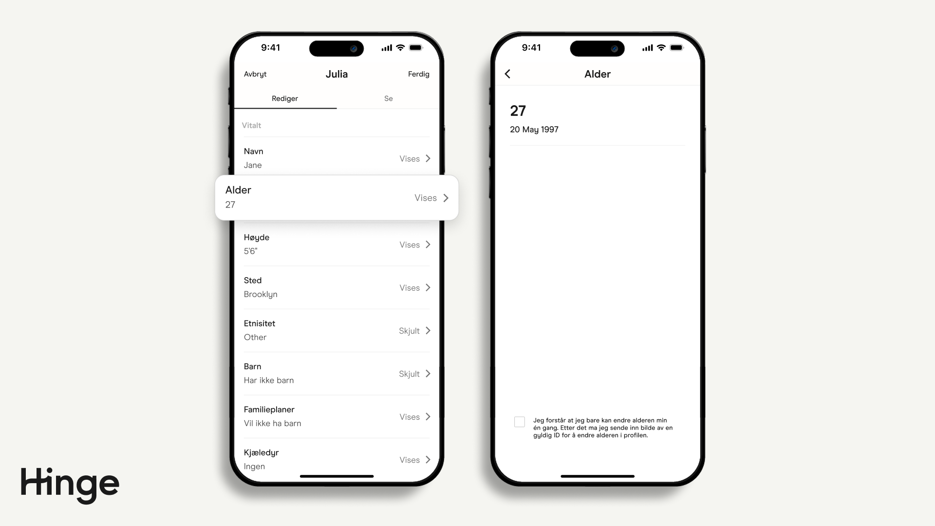 Rediger profilskjerm med alder uthevet.