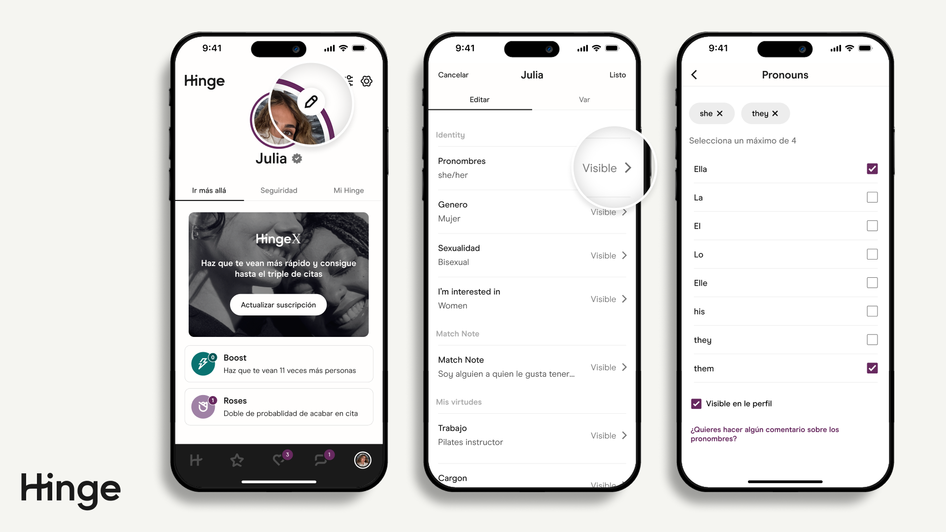 Aplicación Hinge que muestra el centro de perfiles, con el ícono de lápiz resaltado.