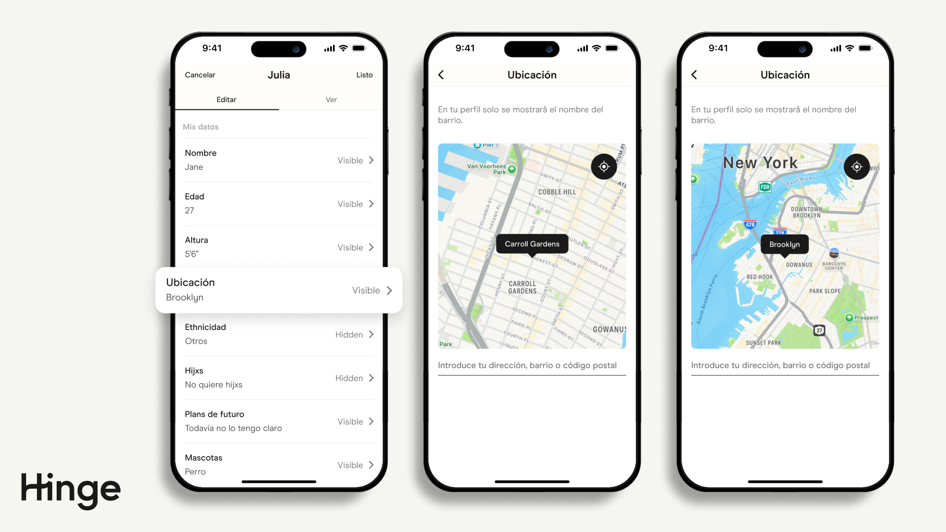 Pantalla de Editar Perfil con la configuración de Ubicación resaltada. Se muestra cómo cambiar la ubicación en el mapa.