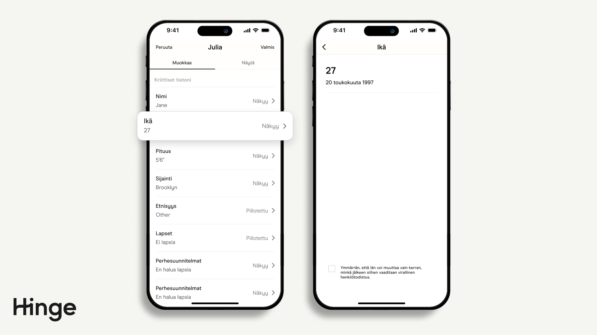 Profiilin muokkausnäyttö, jossa ikä on korostettuna.