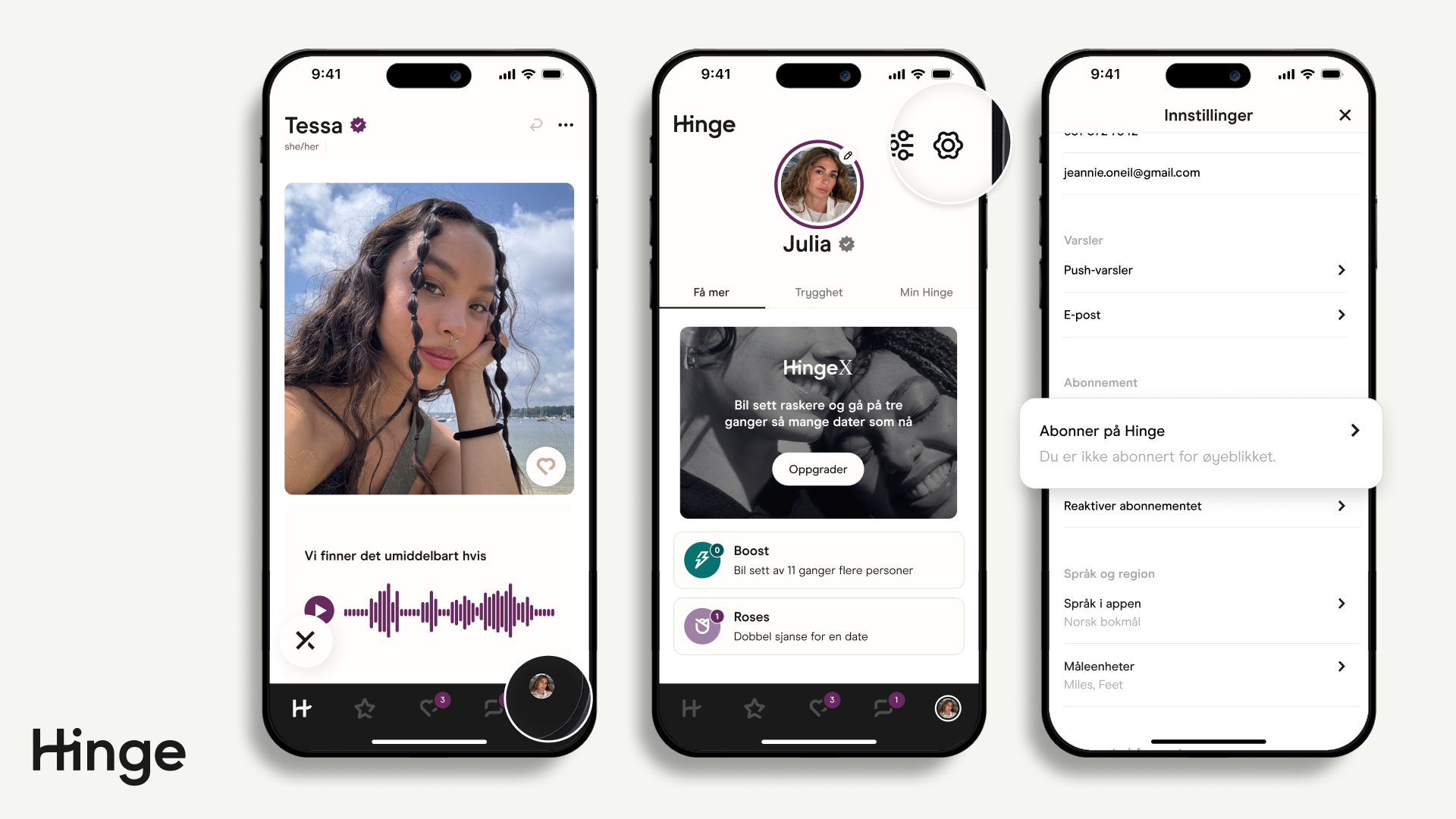 Innstillingsskjermen på Hinge-appen viser tilgjengelige Hinge+- og HingeX-abonnementer med knappen Abonner på Hinge uthevet
