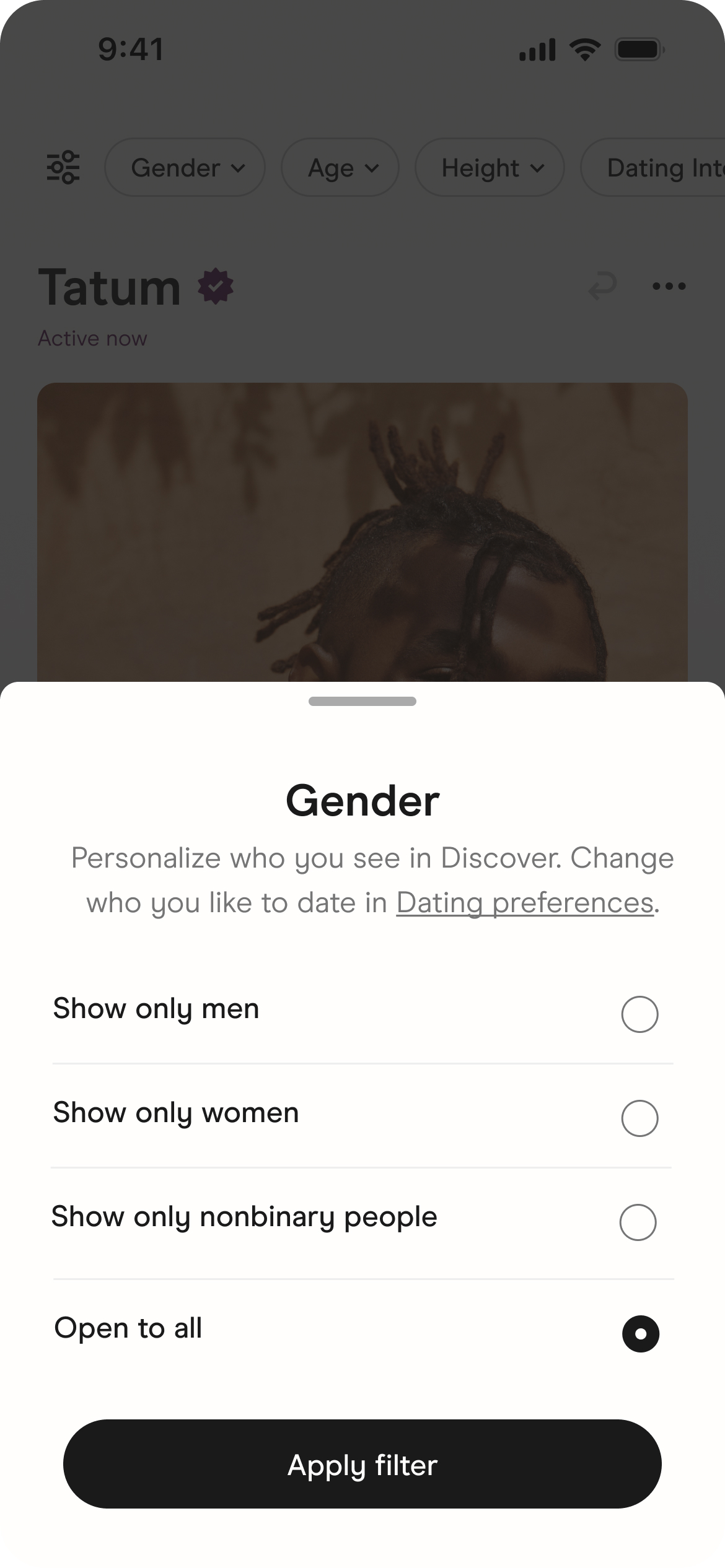 Screen Shot of Gender Toggle options within Discover Feed