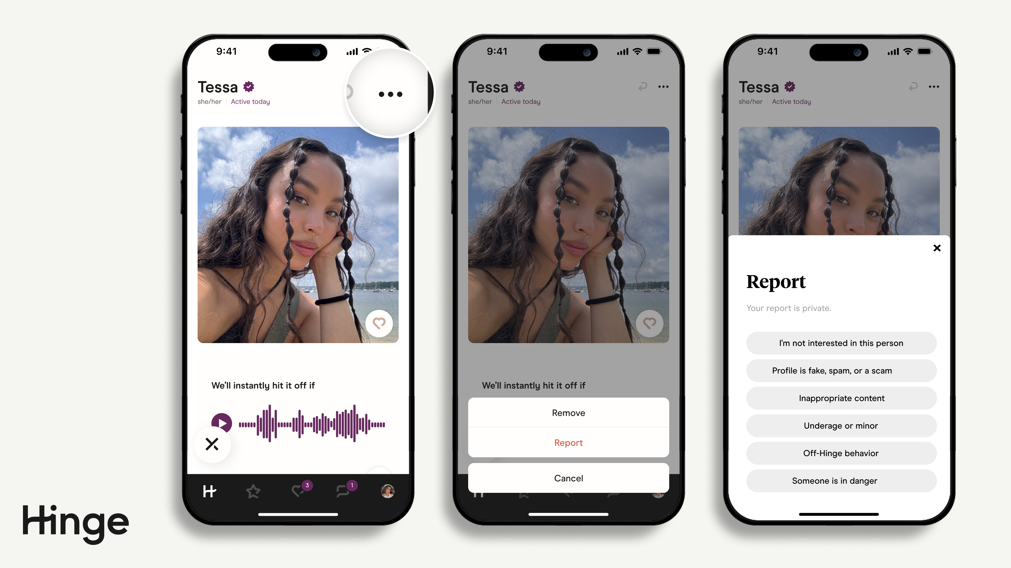 3 screenshots - First screenshot showing to tap upper right ellipsies above profile, second screenshots showing options "report" or "remove." Tap Report. Third Screen Showing Report Reasons.
