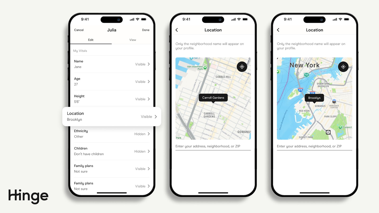 Edit Profile Screen with Location settings highlighted. Showing how to Change Location on Map.