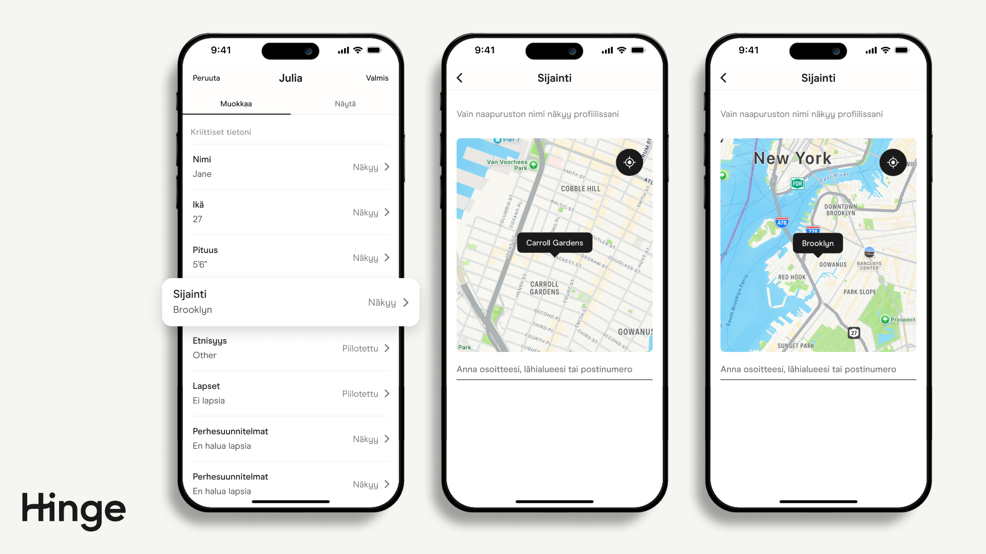 Profiilin muokkausnäyttö, jossa sijaintiasetukset on korostettu. Näytetään, miten sijaintia muutetaan kartalla.