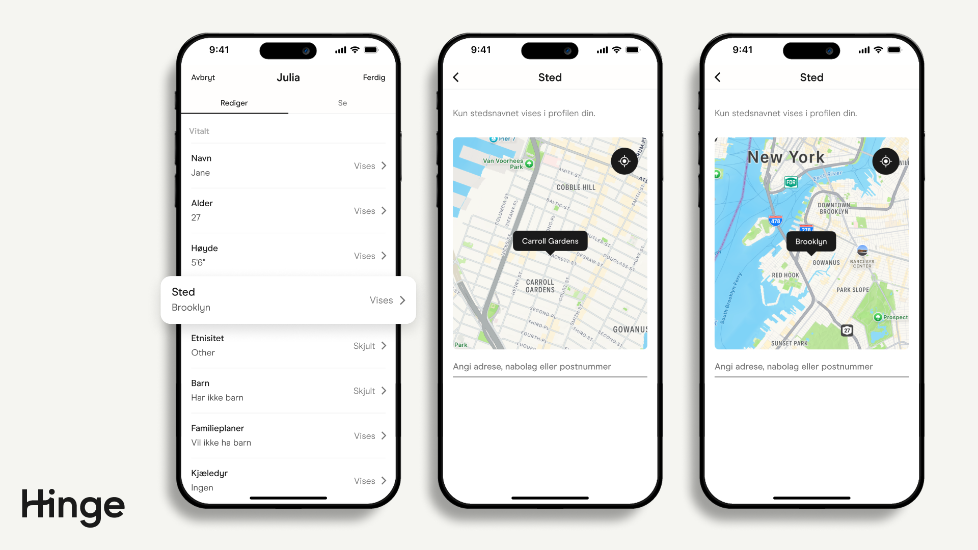 Rediger profilskjerm med posisjonsinnstillinger uthevet. Viser hvordan du endrer posisjon på kartet