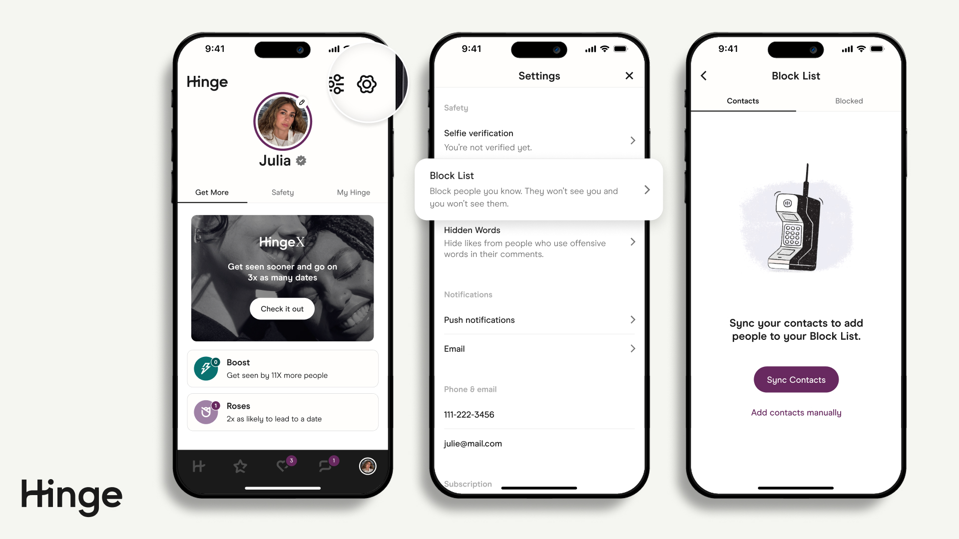 Screenshots of Hinge App Showing how to add Contacts to List