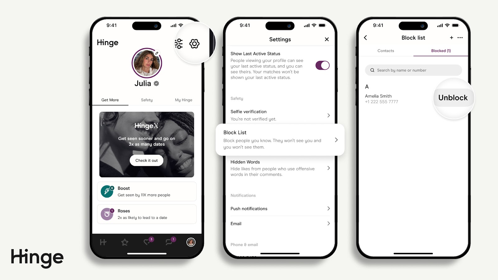 3 screenshots. First Screen Hinge App Profile Hub with Settings Icon highlighted in the top Right. Second Screen Block People you Know Highlighted. Third Screen How to Unblock Contacts with Unblock highlighted on the right of each contact