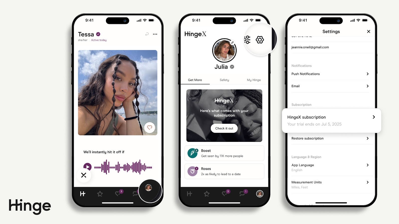 Hinge app's Settings screen displaying users active Hinge+ and HingeX Subscription