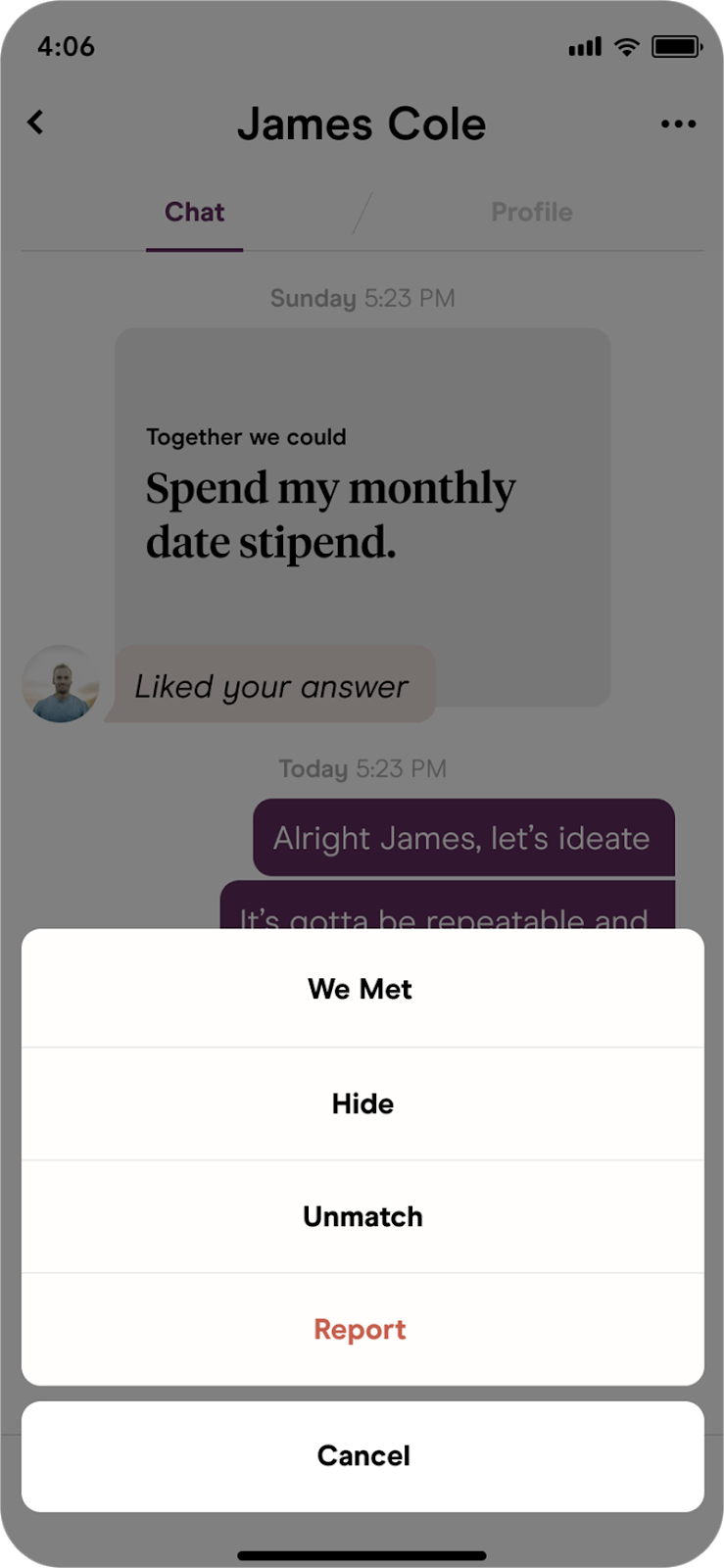 Hinge App Screenshot showing Unmatching Options: We Met, Hide, Unmatch, Report.